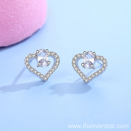 Classic 925 Silver Heart Bling Stud Earrings Hearts